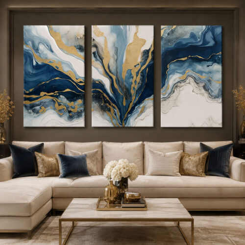 Mavi Gold Mermer Desenli Soyut Kanvas Duvar Tablosu 3'lü Canvas Tablo Seti - VOOV6077