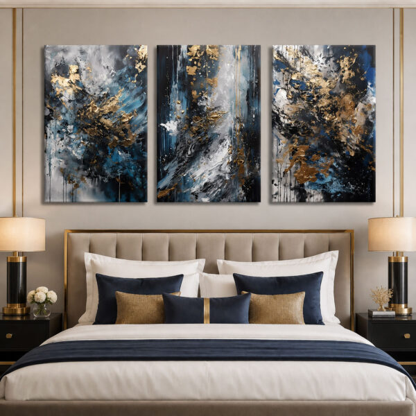 Mavi Gold Soyut Kanvas Duvar Tablosu 3'lü Canvas Tablo Seti - VOOV6058