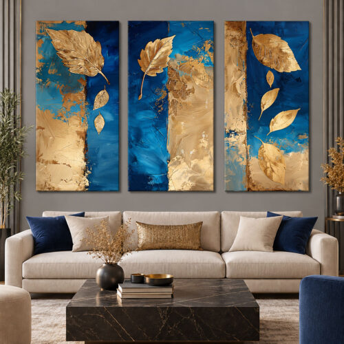 Mavi Gold Yapraklar Kanvas Duvar Tablosu - 3'lü Canvas Tablo Seti - VOOV6090