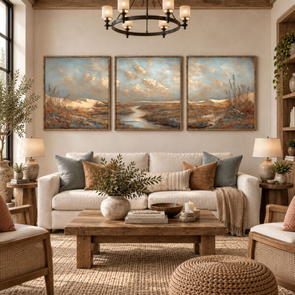 Eskitme Ahşap Çerçeveli - 75x75cm Huzurlu Bozkır Manzarası Üçlü Kanvas Tuval Tablo Seti - VOOV9143