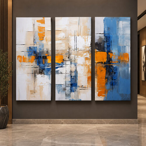 Mavi Turuncu Modern Soyut Kanvas Duvar Tablosu - 3'lü Canvas Tablo Seti - VOOV6089