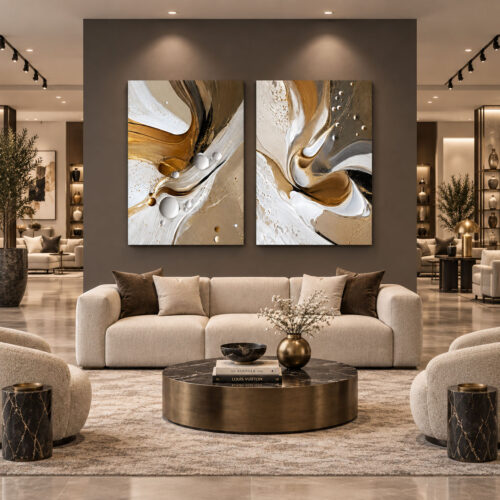 Modern Bej Gold Soyut Akış - İkili Kanvas Tuval Tablo Seti - VOOV6164