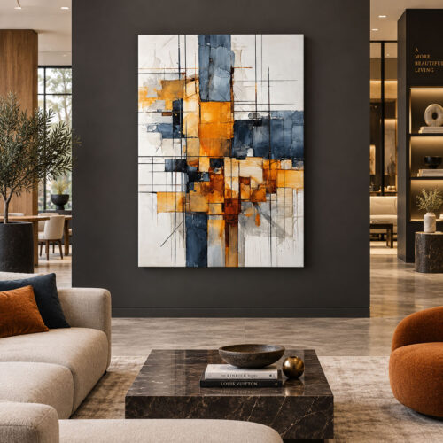 Modern Denge - Turuncu Lacivert Geometrik Soyut Tuval Kanvas Tablo - VOOV3770