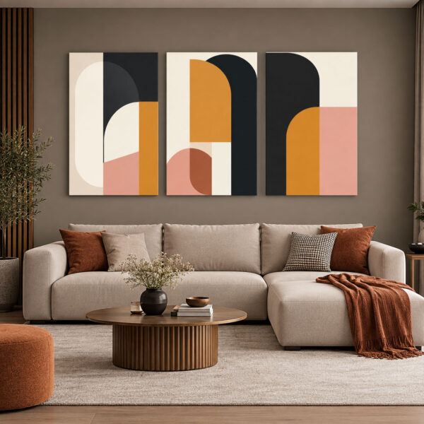 Modern Geometrik Soyut - Üçlü Kanvas Tuval Tablo Seti - VOOV6150