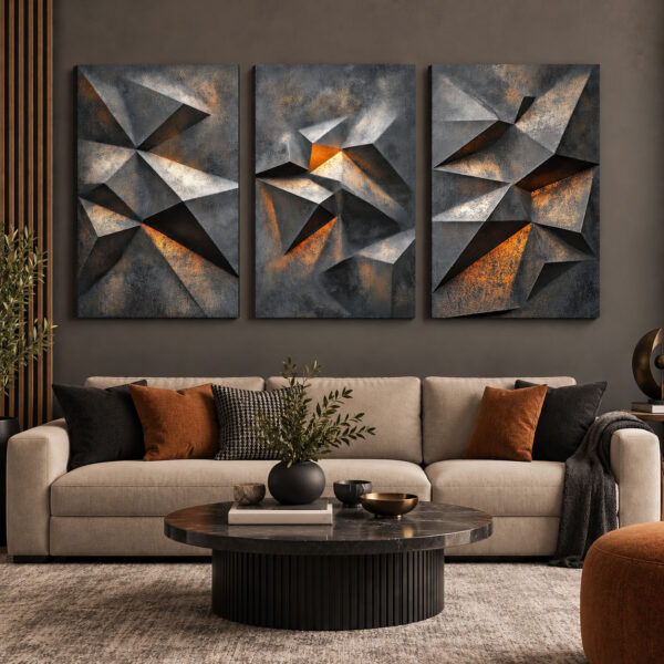 Modern Siyah Gold Geometrik Soyut - Üçlü Kanvas Tuval Tablo Seti - VOOV6101