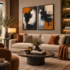 Siyah Doğal Ahşap Çerçeveli - 60x90cm Modern Siyah ve Kiremit Tonlu Soyut İkili Kanvas Tuval Tablo Seti - VOOV9116