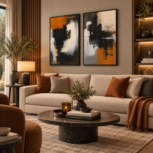 Siyah Doğal Ahşap Çerçeveli - 60x90cm Modern Siyah ve Kiremit Tonlu Soyut İkili Kanvas Tuval Tablo Seti - VOOV9116