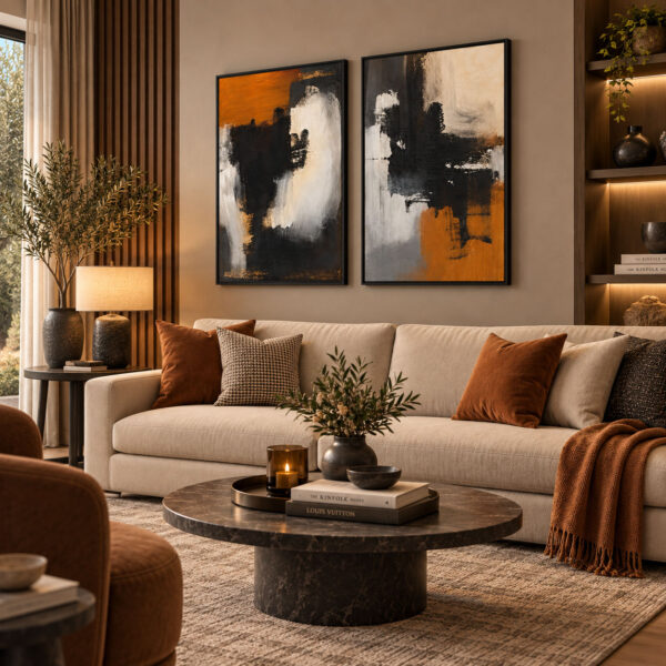 Siyah Doğal Ahşap Çerçeveli - 60x90cm Modern Siyah ve Kiremit Tonlu Soyut İkili Kanvas Tuval Tablo Seti - VOOV9116