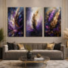 Mor Gold Soyut Tüyler Kanvas Duvar Tablosu 3'lü Canvas Tablo Seti - VOOV6064