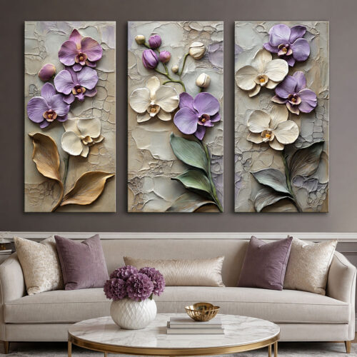 Mor ve Krem Orkideler Kanvas Duvar Tablosu - 3'lü Canvas Tablo Seti - VOOV6046