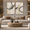 Natürel Ahşap Çerçeveli - 60x90cm Modern Bej Krem Siyah Soyut İkili Kanvas Tuval Tablo Seti - VOOV9144