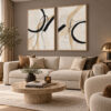 Natürel Ahşap Çerçeveli - 60x90cm Modern Bej Krem Siyah Soyut İkili Kanvas Tuval Tablo Seti - VOOV9144