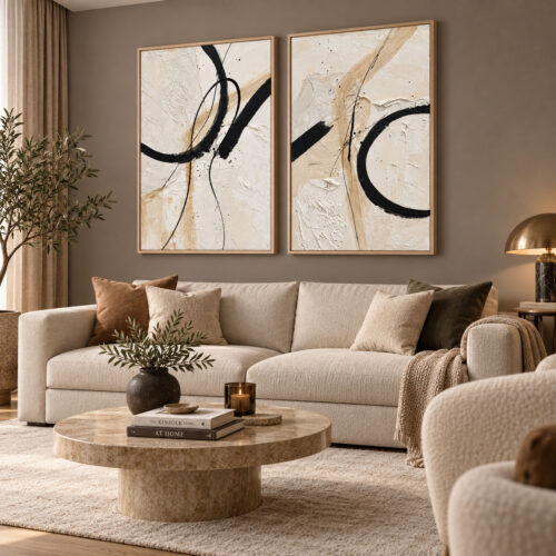 Natürel Ahşap Çerçeveli - 60x90cm Modern Bej Krem Siyah Soyut İkili Kanvas Tuval Tablo Seti - VOOV9144