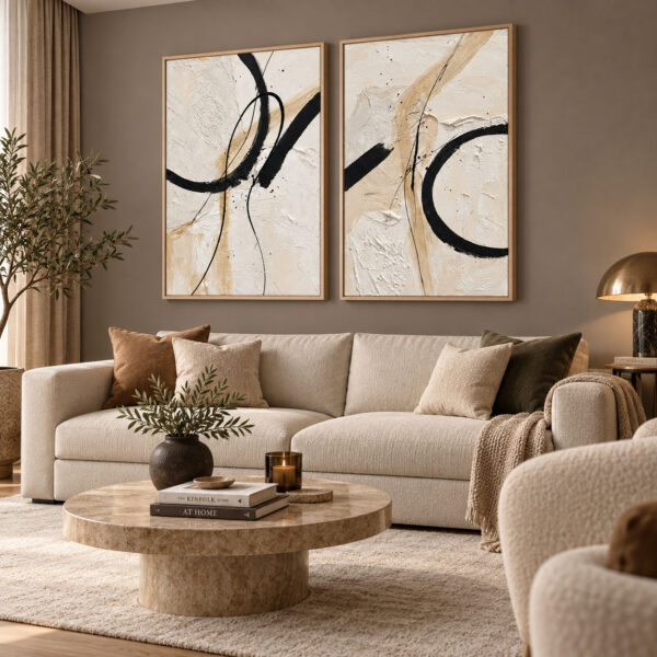 Natürel Ahşap Çerçeveli - 60x90cm Modern Bej Krem Siyah Soyut İkili Kanvas Tuval Tablo Seti - VOOV9144