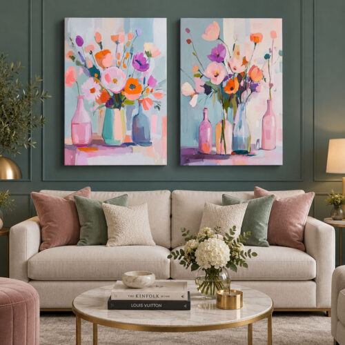 Pastel Soyut Çiçekler - İkili Kanvas Tuval Tablo Seti - VOOV6122