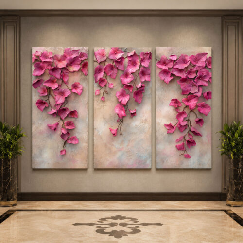 Sarmaşık Pembe Çiçekler Kanvas Duvar Tablosu - 3'lü Canvas Tablo Seti - VOOV6048