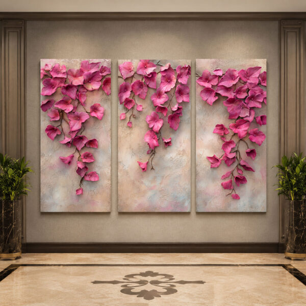 Sarmaşık Pembe Çiçekler Kanvas Duvar Tablosu - 3'lü Canvas Tablo Seti - VOOV6048