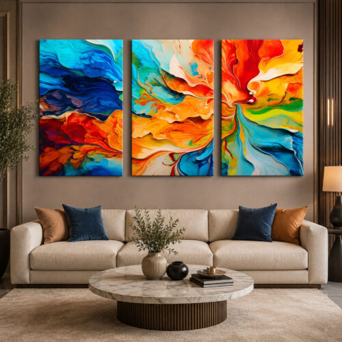 Renkli Soyut Çiçek Kanvas Duvar Tablosu 3'lü Canvas Tablo Seti - VOOV6076