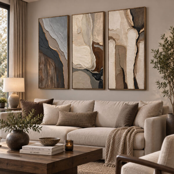 Eskitme Ahşap Çerçeveli - 50x100cm Toprak Katmanları Soyut Üçlü Kanvas Tuval Tablo Seti - VOOV9145