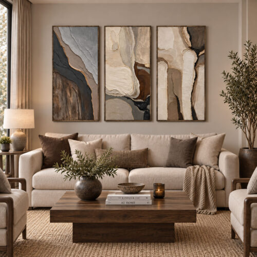 Eskitme Ahşap Çerçeveli - 50x100cm Toprak Katmanları Soyut Üçlü Kanvas Tuval Tablo Seti - VOOV9145