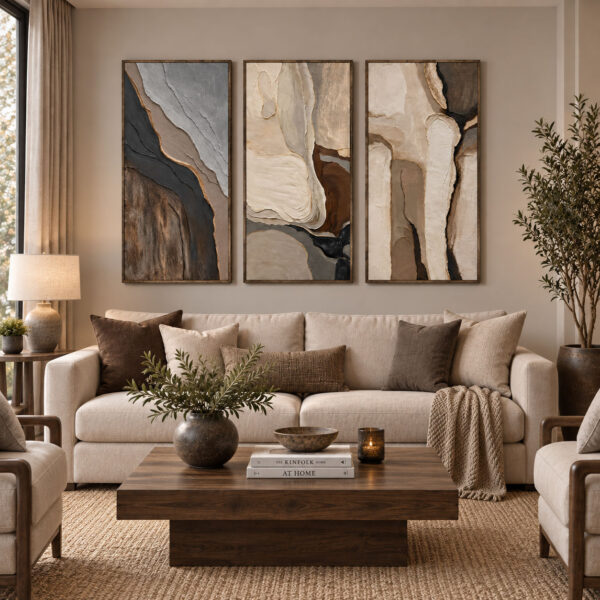Eskitme Ahşap Çerçeveli - 50x100cm Toprak Katmanları Soyut Üçlü Kanvas Tuval Tablo Seti - VOOV9145