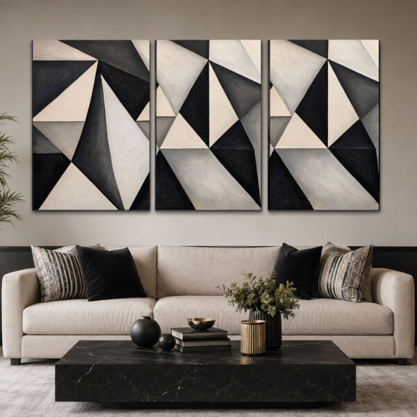 Siyah Beyaz Geometrik Soyut Kanvas Duvar Tablosu 3'lü Canvas Tablo Seti - VOOV6071