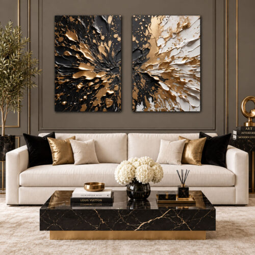 Siyah Beyaz Gold - İkili Kanvas Tuval Tablo Seti - VOOV6127