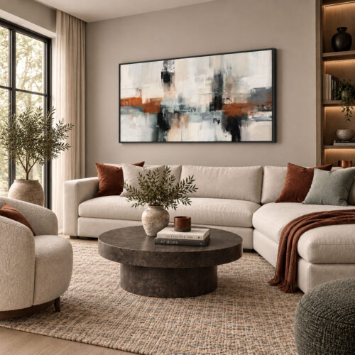 Siyah Doğal Ahşap Çerçeveli - 75x150cm Kiremit Siyah ve Krem Tonlu Modern Soyut - VOOV9120
