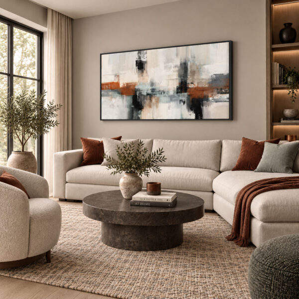 Siyah Doğal Ahşap Çerçeveli - 75x150cm Kiremit Siyah ve Krem Tonlu Modern Soyut - VOOV9120