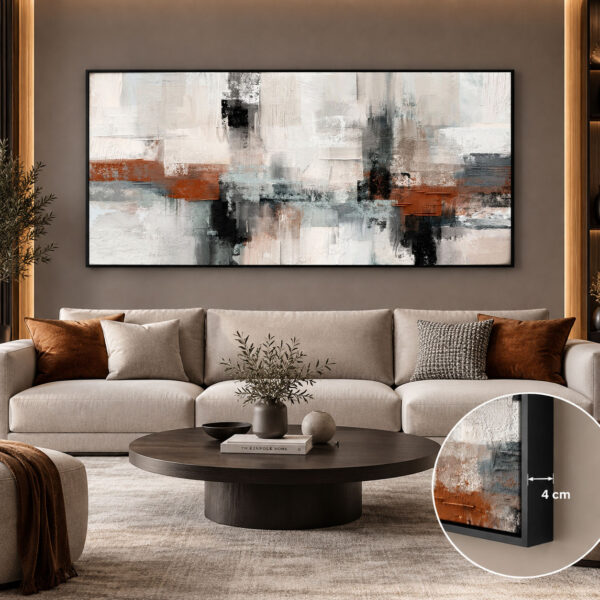 Siyah Doğal Ahşap Çerçeveli - 75x150cm Kiremit Siyah ve Krem Tonlu Modern Soyut - VOOV9120