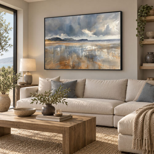 Siyah Doğal Ahşap Çerçeveli - 100x150cm Fırtınalı Sahil Manzarası Kanvas Tuval Tablo - VOOV9106
