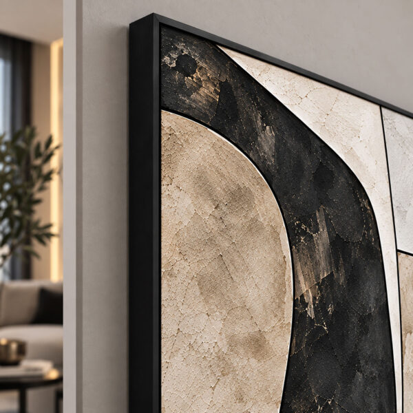 Siyah Doğal Ahşap Çerçeveli - 60x90cm Modern Soyut Geometrik Üçlü Kanvas Tuval Tablo Seti - VOOV9105