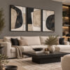 Siyah Doğal Ahşap Çerçeveli - 60x90cm Modern Soyut Geometrik Üçlü Kanvas Tuval Tablo Seti - VOOV9105