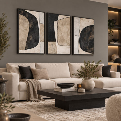 Siyah Doğal Ahşap Çerçeveli - 60x90cm Modern Soyut Geometrik Üçlü Kanvas Tuval Tablo Seti - VOOV9105