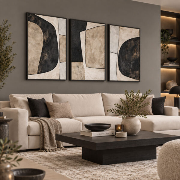 Siyah Doğal Ahşap Çerçeveli - 60x90cm Modern Soyut Geometrik Üçlü Kanvas Tuval Tablo Seti - VOOV9105
