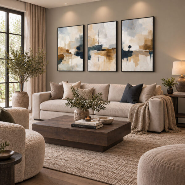 Siyah Doğal Ahşap Çerçeveli - 60x90cm Modern Soyut Manzara Üçlü Kanvas Tuval Tablo Seti - VOOV9104