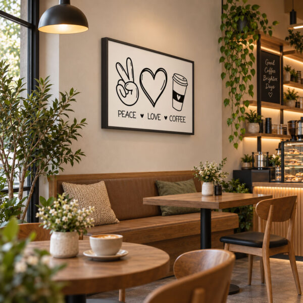 Siyah Ahşap Çerçeveli 60x90cm Peace Love Coffee Kanvas Tuval Tablo - VOOV9123