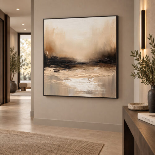 Siyah Doğal Ahşap Çerçeveli - 100x100cm Bej Siyah Soft Ufuk Soyut Manzara Kanvas Tuval Tablo - VOOV9107