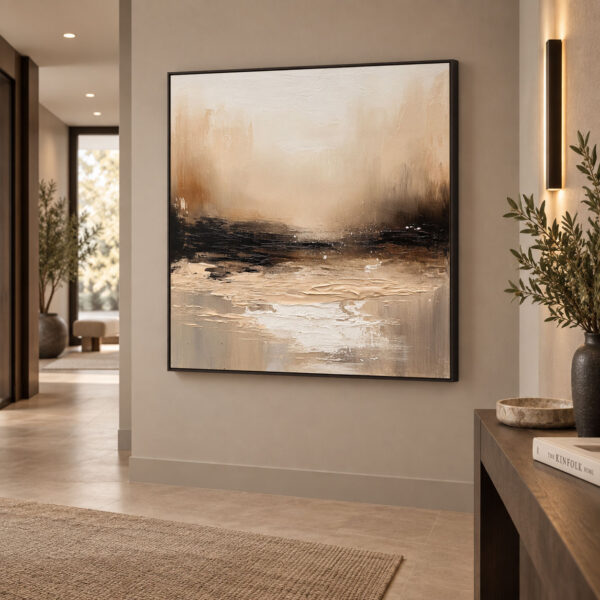 Siyah Doğal Ahşap Çerçeveli - 100x100cm Bej Siyah Soft Ufuk Soyut Manzara Kanvas Tuval Tablo - VOOV9107
