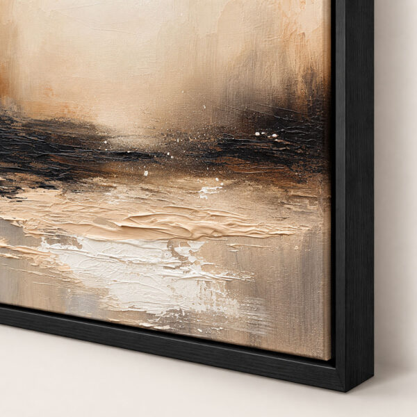 Siyah Doğal Ahşap Çerçeveli - 100x100cm Bej Siyah Soft Ufuk Soyut Manzara Kanvas Tuval Tablo - VOOV9107