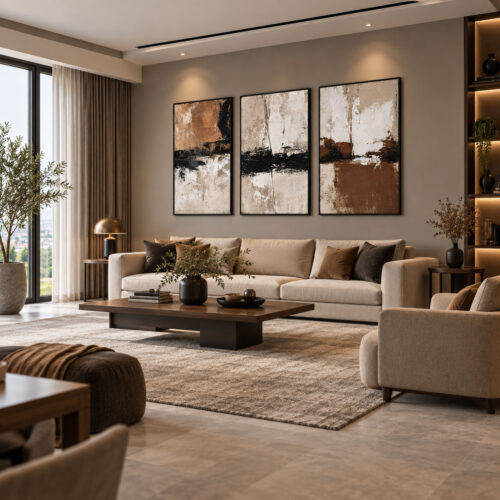 Siyah Doğal Ahşap Çerçeveli - 60x90cm Toprak Tonları Soyut Üçlü Kanvas Tuval Tablo Seti - VOOV9109