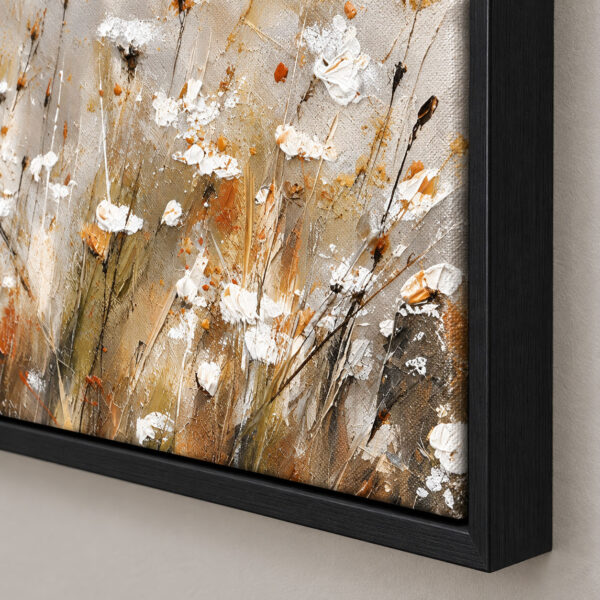 Siyah Doğal Ahşap Çerçeveli - 75x75cm Toprak Tonları Soyut Kır Çiçekleri Üçlü Kanvas Tuval Tablo Seti - VOOV9112