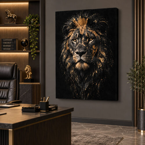 Siyah Gold Detaylı Aslan Tuval Kanvas Tablo - VOOV3701