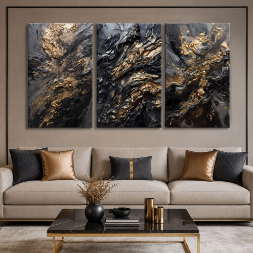 Siyah Gold Kabartma Görünümlü Soyut Kanvas Duvar Tablosu 3'lü Canvas Tablo Seti - VOOV6065