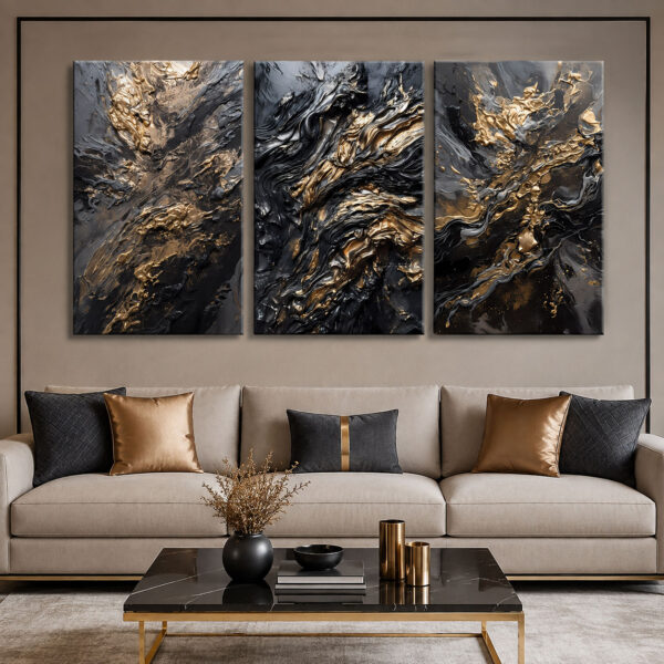 Siyah Gold Kabartma Görünümlü Soyut Kanvas Duvar Tablosu 3'lü Canvas Tablo Seti - VOOV6065