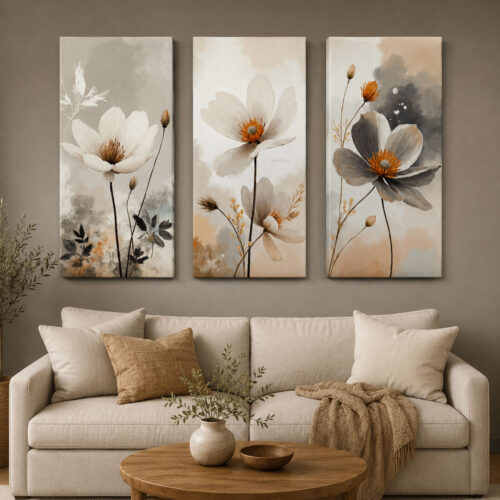 Soft Çiçekler Kanvas Duvar Tablosu - 3'lü Canvas Tablo Seti - VOOV6049