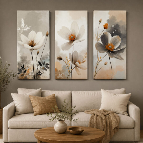 Soft Çiçekler Kanvas Duvar Tablosu - 3'lü Canvas Tablo Seti - VOOV6049