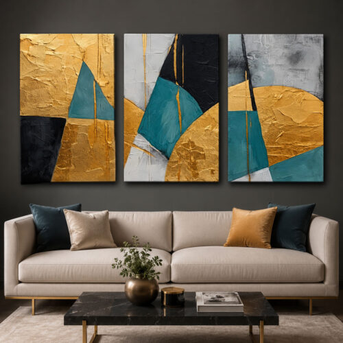 Turkuaz Gold Geometrik Soyut Kanvas Duvar Tablosu 3'lü Canvas Tablo Seti - VOOV6081