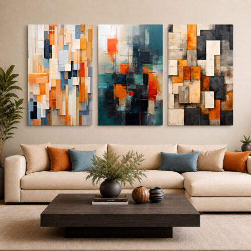 Turuncu Mavi Modern Geometrik Soyut Kanvas Duvar Tablosu 3'lü Canvas Tablo Seti - VOOV6057