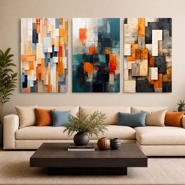Turuncu Mavi Modern Geometrik Soyut Kanvas Duvar Tablosu 3'lü Canvas Tablo Seti - VOOV6057